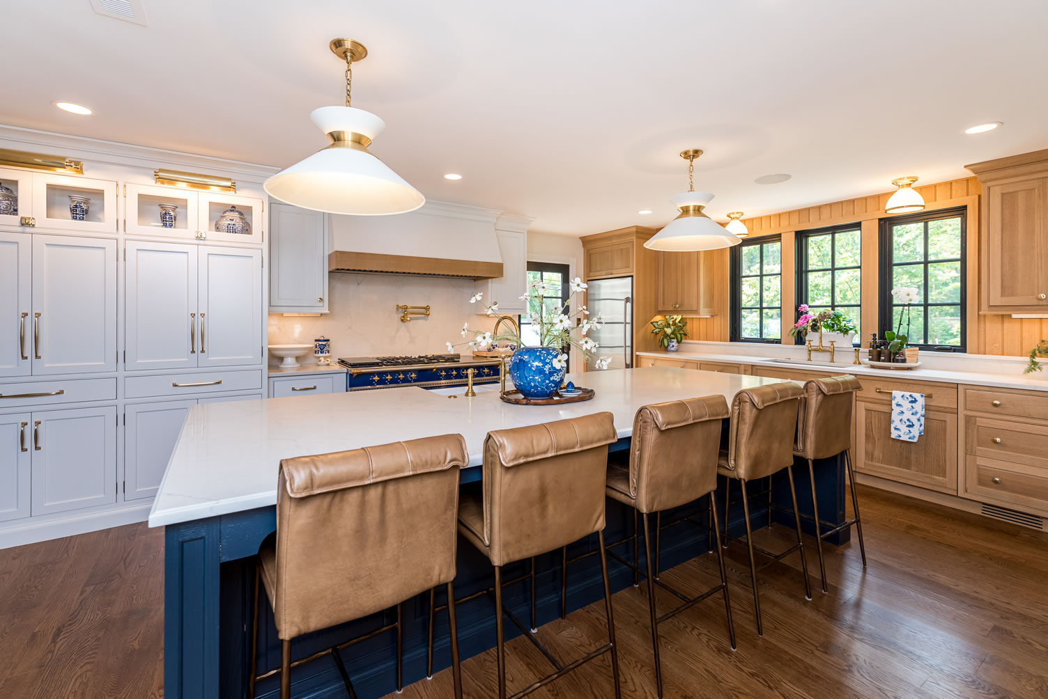 Modern kitchen island, blue and tan.